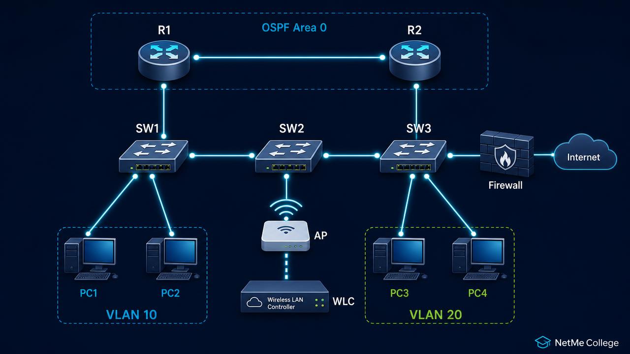 טופולוגיית מעבדה לתרגול CCNA עם נתבים, מתגים, WLC ו-VLANs