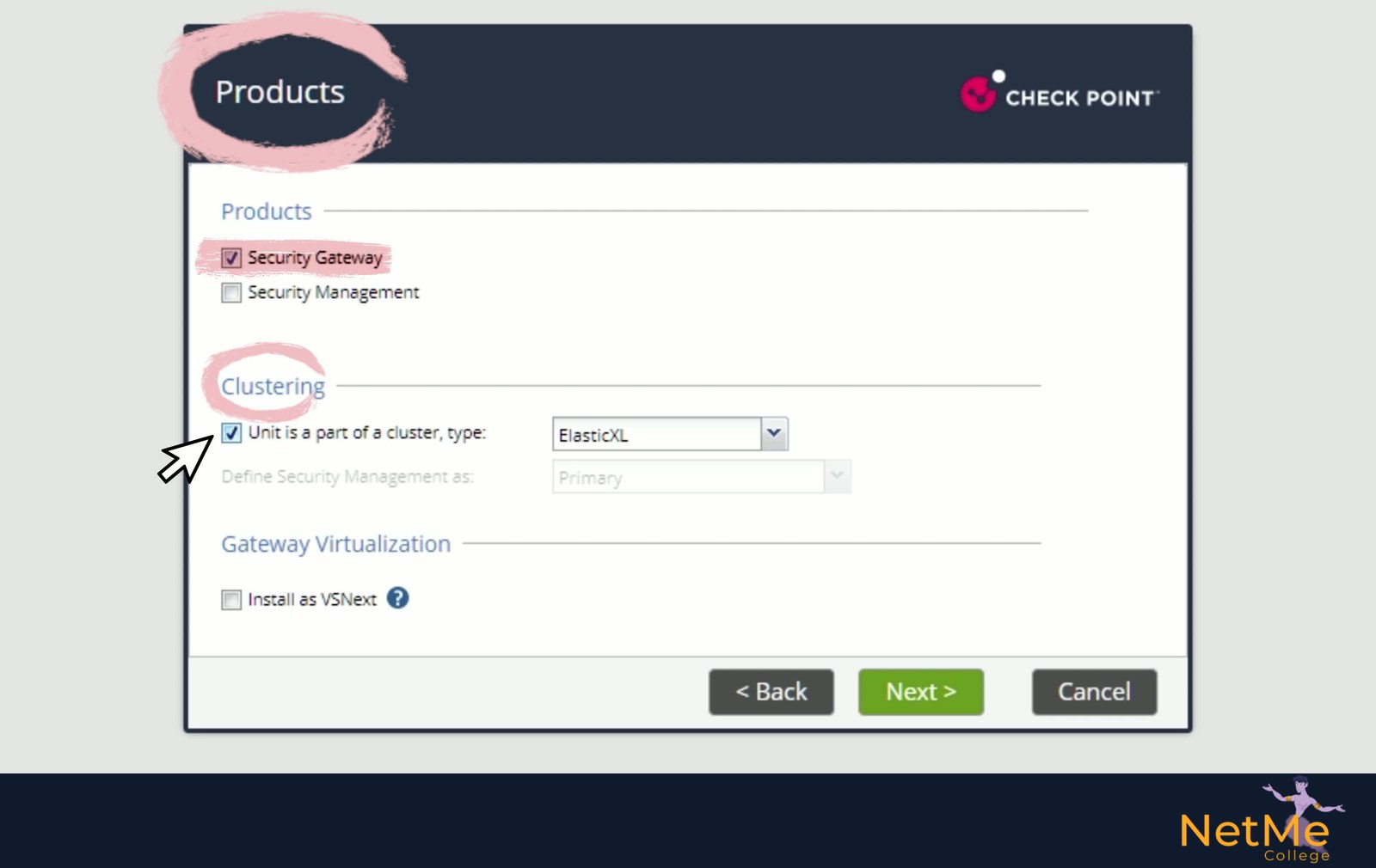 צילום מסך אמיתי — עמוד ה-Products ב-First Time Configuration Wizard של Gaia R82 עם בחירת ElasticXL בשדה סוג הקלאסטר