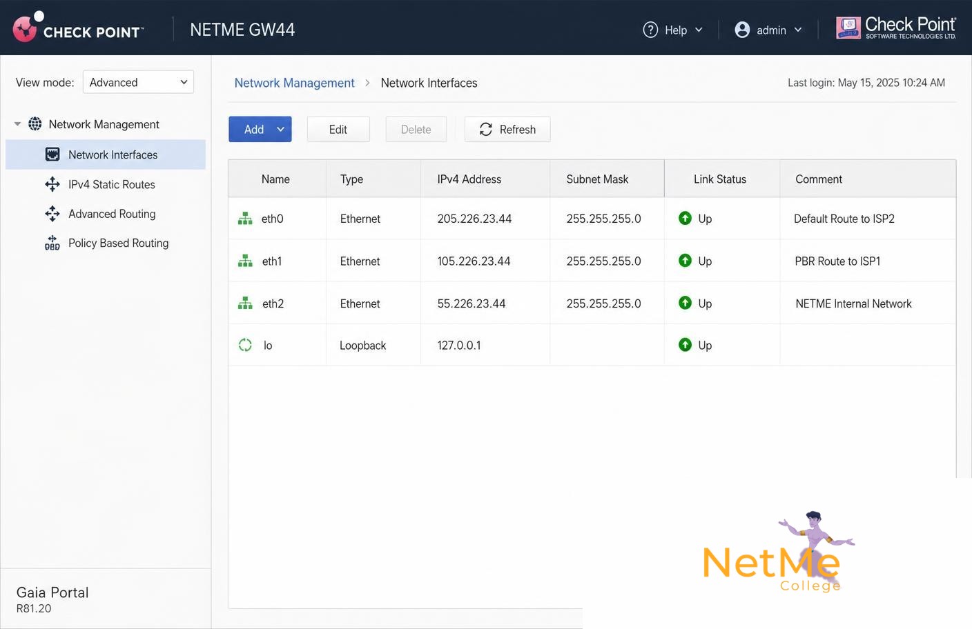 Gaia Portal — Network Interfaces של NETME GW44
