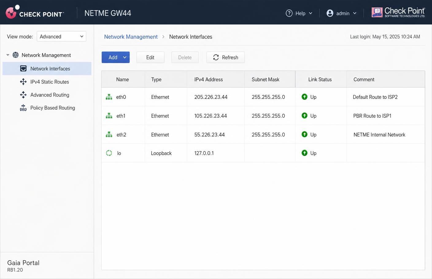 Gaia Portal — Network Interfaces של NETME GW44