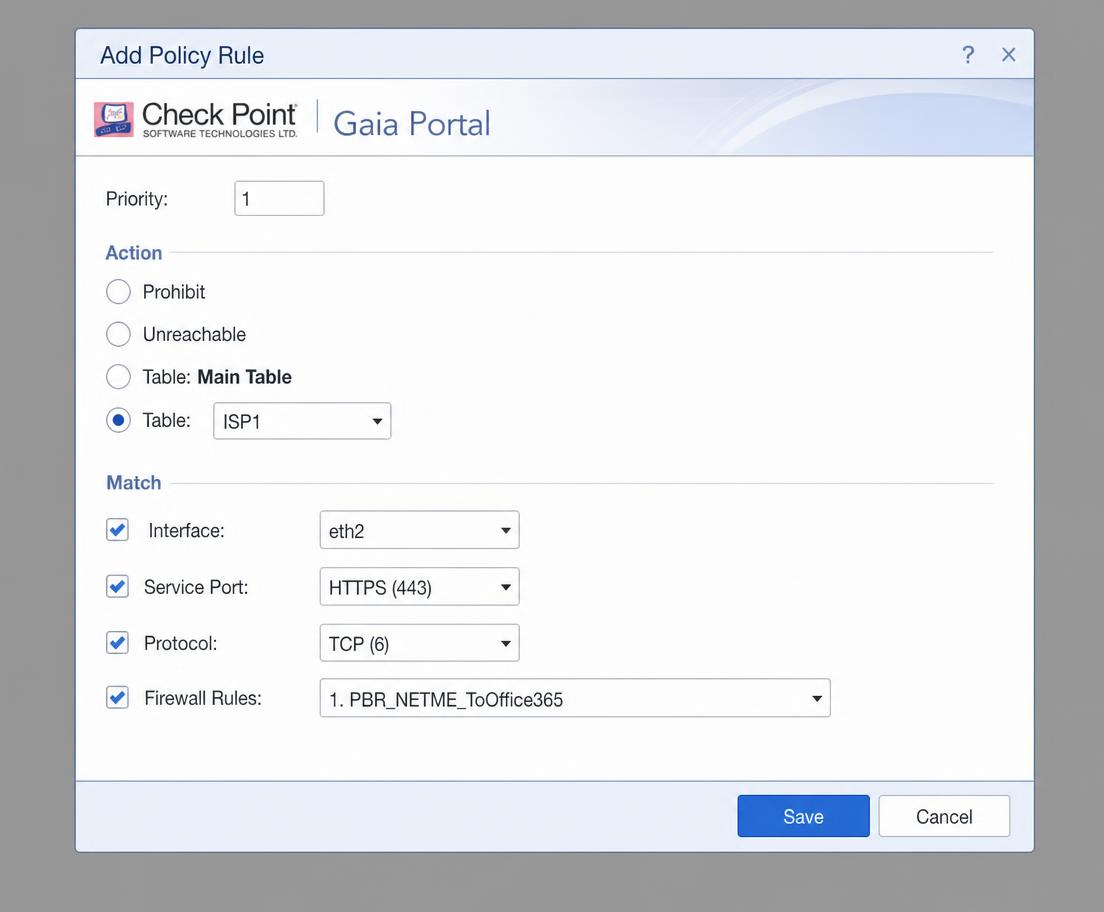 Gaia Portal — חלון Add Policy Rule עם התאמה לפי ממשק, פורט ופרוטוקול