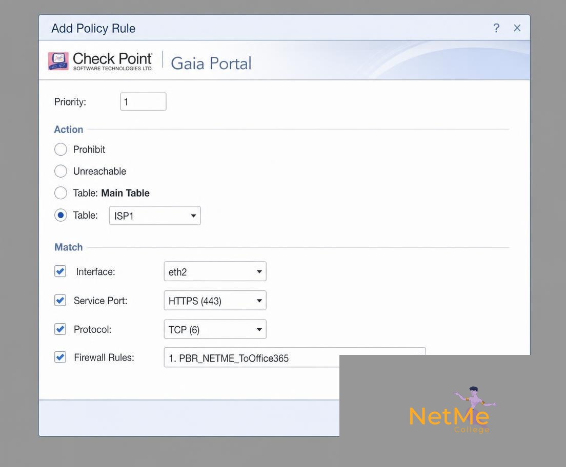 Gaia Portal — חלון Add Policy Rule עם התאמה לפי ממשק, פורט ופרוטוקול