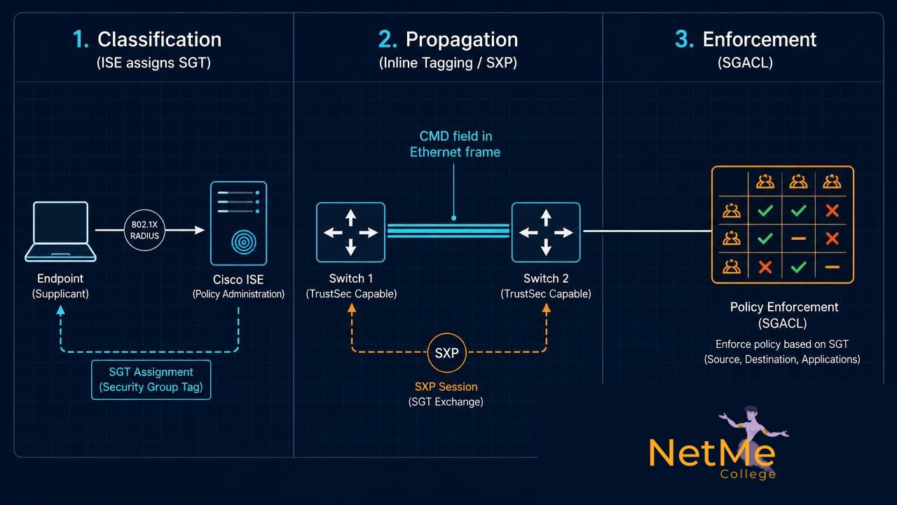 תרשים זרימה של Cisco TrustSec: Classification דרך ISE, Propagation באמצעות Inline Tagging ו-SXP, ואכיפה עם SGACL