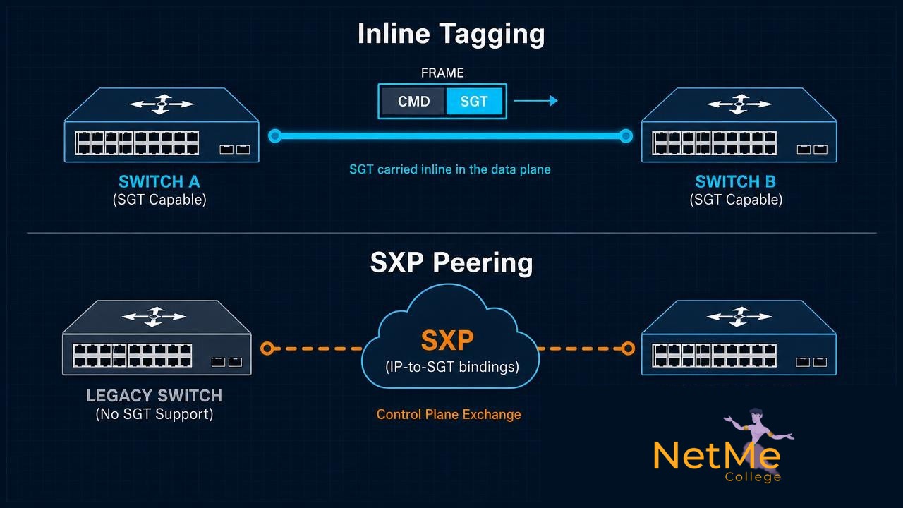 השוואה בין Inline Tagging לבין SXP להפצת תגיות SGT ברשת