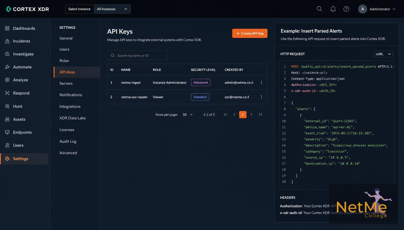 מסך API Keys ב-Cortex XDR לצד דוגמת קריאת insert_parsed_alerts