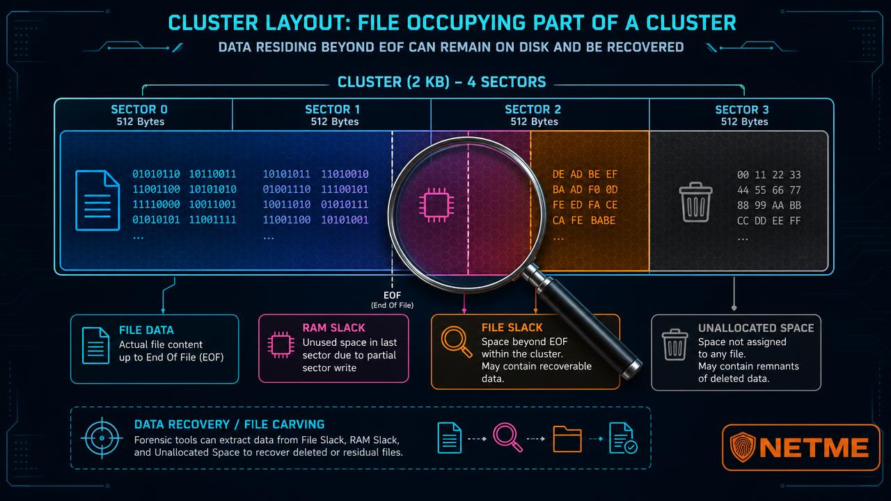 דיאגרמת Cluster המחלקת בין File Data, RAM Slack, File Slack ו-Unallocated Space