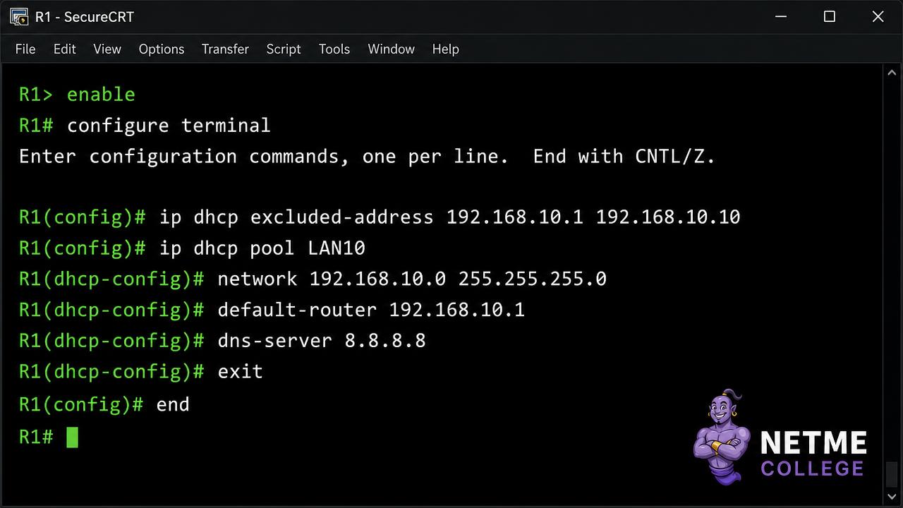 צילום מסך של Cisco IOS CLI עם פקודות הגדרת DHCP Pool על נתב