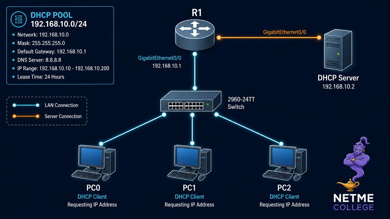 מעבדת DHCP ב-Packet Tracer: מדריך מעשי שלב-אחר-שלב בעברית להגדרת DHCP Server על נתב Cisco (CCNA 200-301)