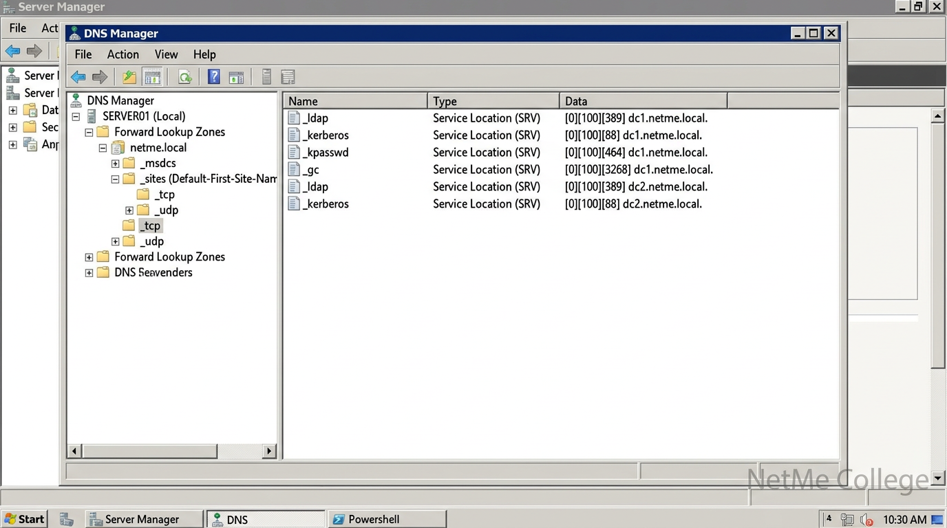 קונסולת DNS Manager מציגה את אזור netme.local עם התיקיות _msdcs, _sites, _tcp ורשומות SRV