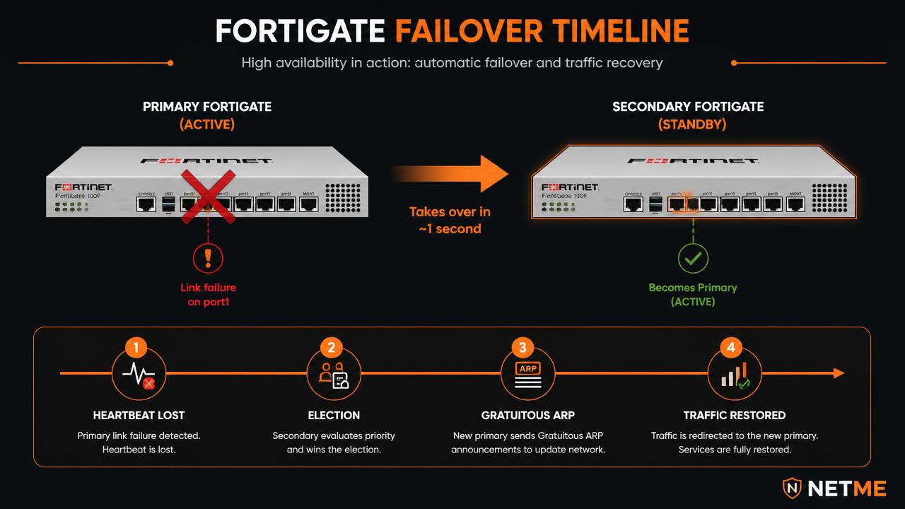 ציר זמן של Failover ב-FortiGate: אובדן Heartbeat, בחירה מחדש, Gratuitous ARP והחזרת תעבורה