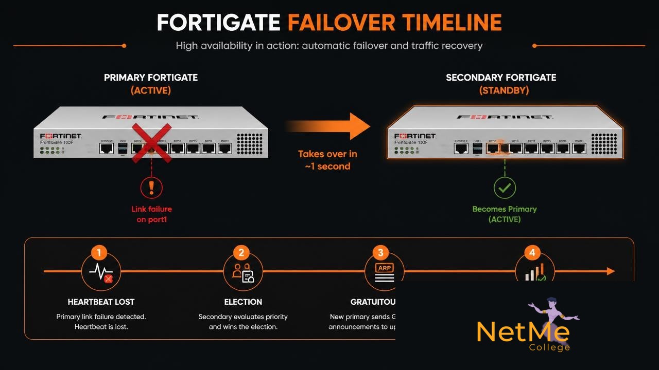 ציר זמן של Failover ב-FortiGate: אובדן Heartbeat, בחירה מחדש, Gratuitous ARP והחזרת תעבורה