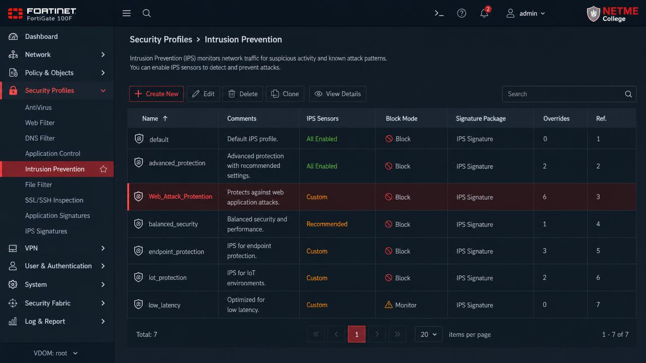 מסך Security Profiles > Intrusion Prevention ב-FortiGate עם פרופיל בשם Web_Attack_Protection