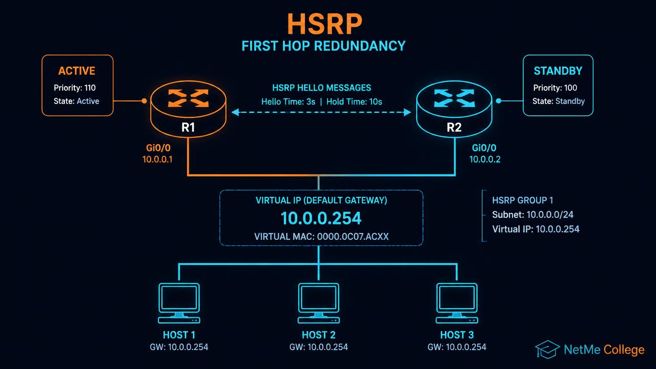 HSRP ו-FHRP: איך מבטיחים שער ברירת מחדל שלא נופל לעולם (CCNA 200-301)