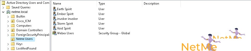 צילום מסך של Active Directory Users and Computers עם המשתמשים ב-OU של NetMe
