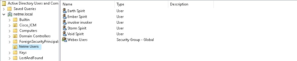 צילום מסך של Active Directory Users and Computers עם המשתמשים ב-OU של NetMe