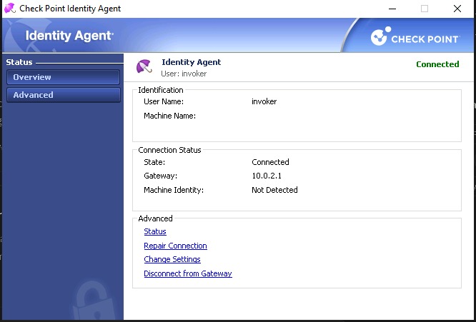 מסך סטטוס של Identity Agent שמראה חיבור מוצלח וזיהוי משתמש