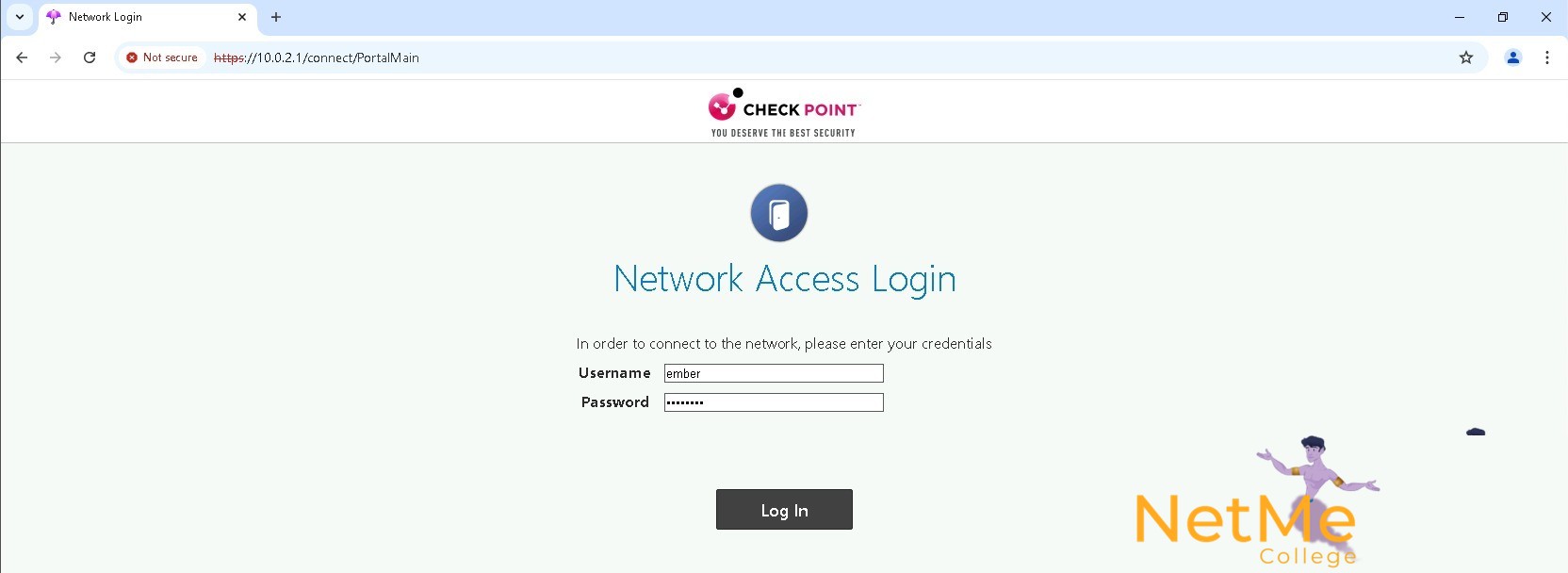 דף ה-Captive Portal הממותג של NetMe עם שדות שם משתמש וסיסמה