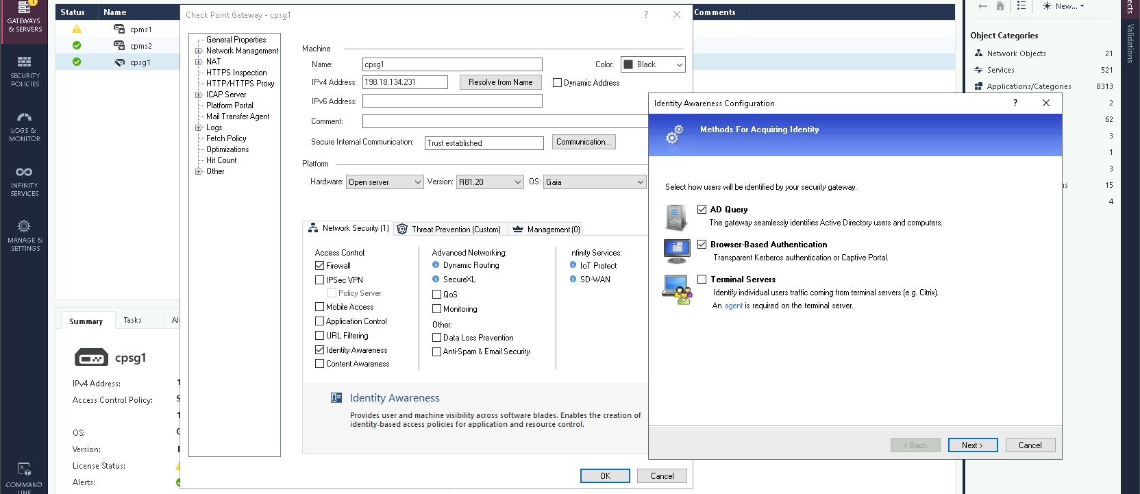 מסך הפעלת Identity Awareness ב-SmartConsole עם AD Query ו-Browser-Based Authentication מסומנים