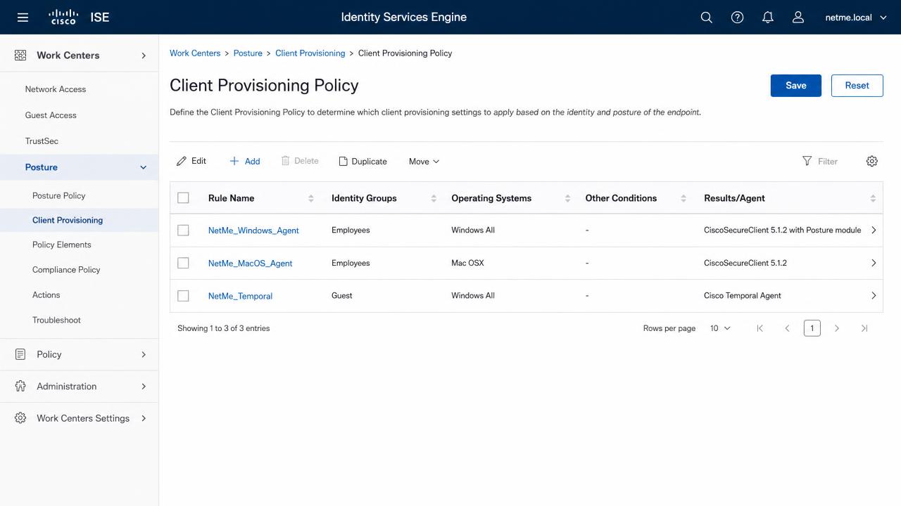 מסך Client Provisioning Policy ב-Cisco ISE עם חוקים לחלוקת Cisco Secure Client ל-Windows, macOS ו-Temporal Agent לאורחים