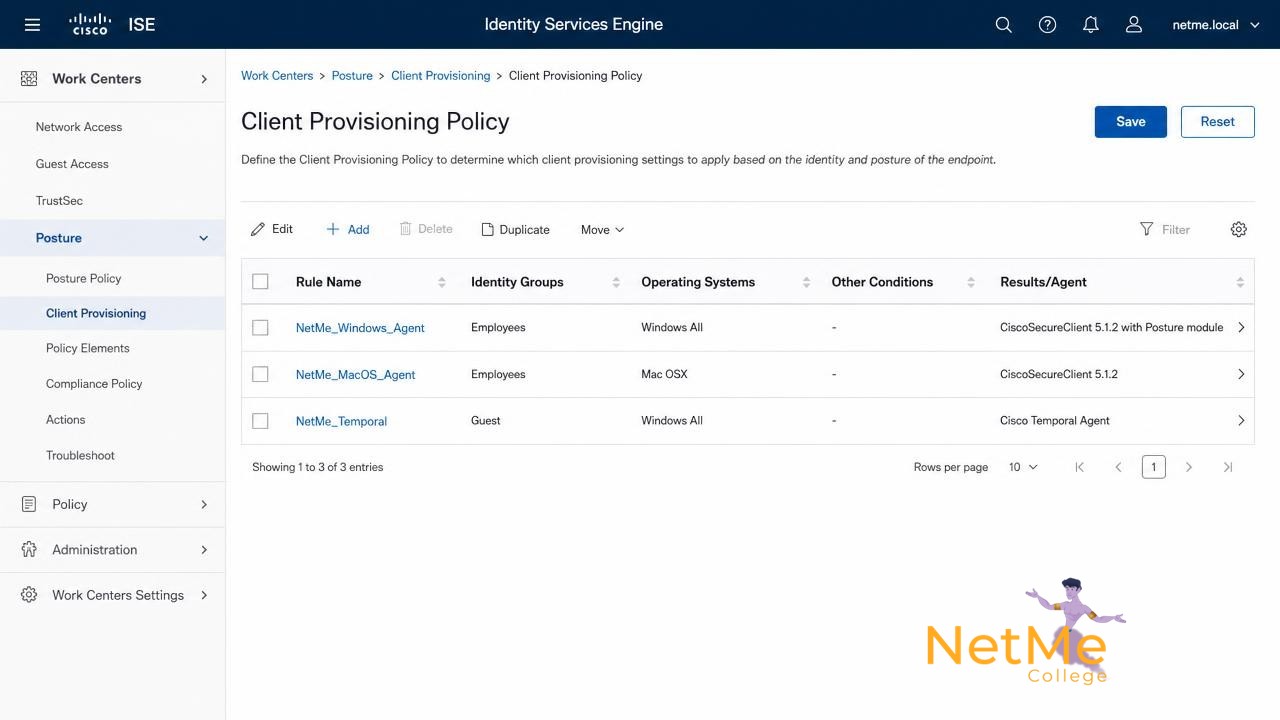מסך Client Provisioning Policy ב-Cisco ISE עם חוקים לחלוקת Cisco Secure Client ל-Windows, macOS ו-Temporal Agent לאורחים