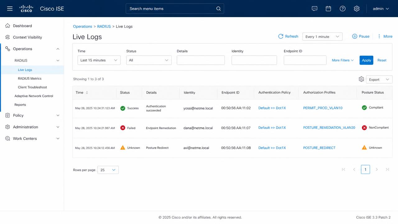מסך Live Logs ב-Cisco ISE עם עמודת Posture Status המציגה Compliant, NonCompliant ו-Unknown
