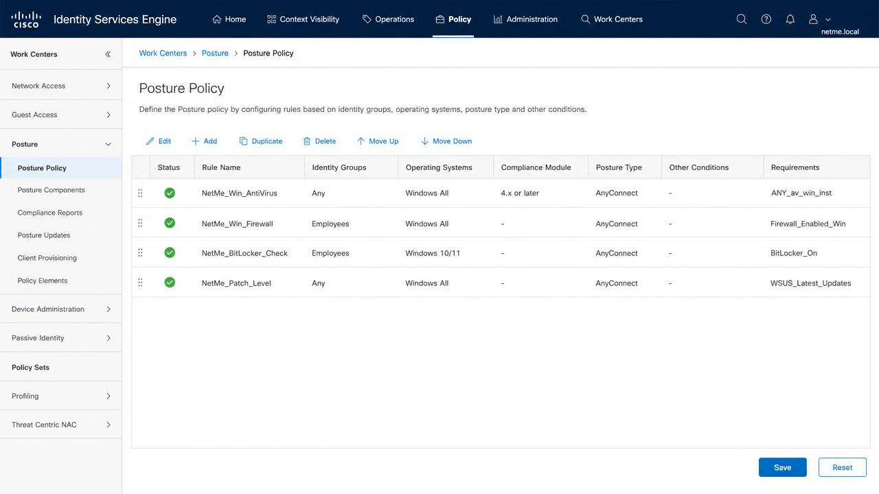 מסך Posture Policy ב-Cisco ISE עם דרישות אנטי-וירוס, פיירוול, BitLocker ועדכוני מערכת