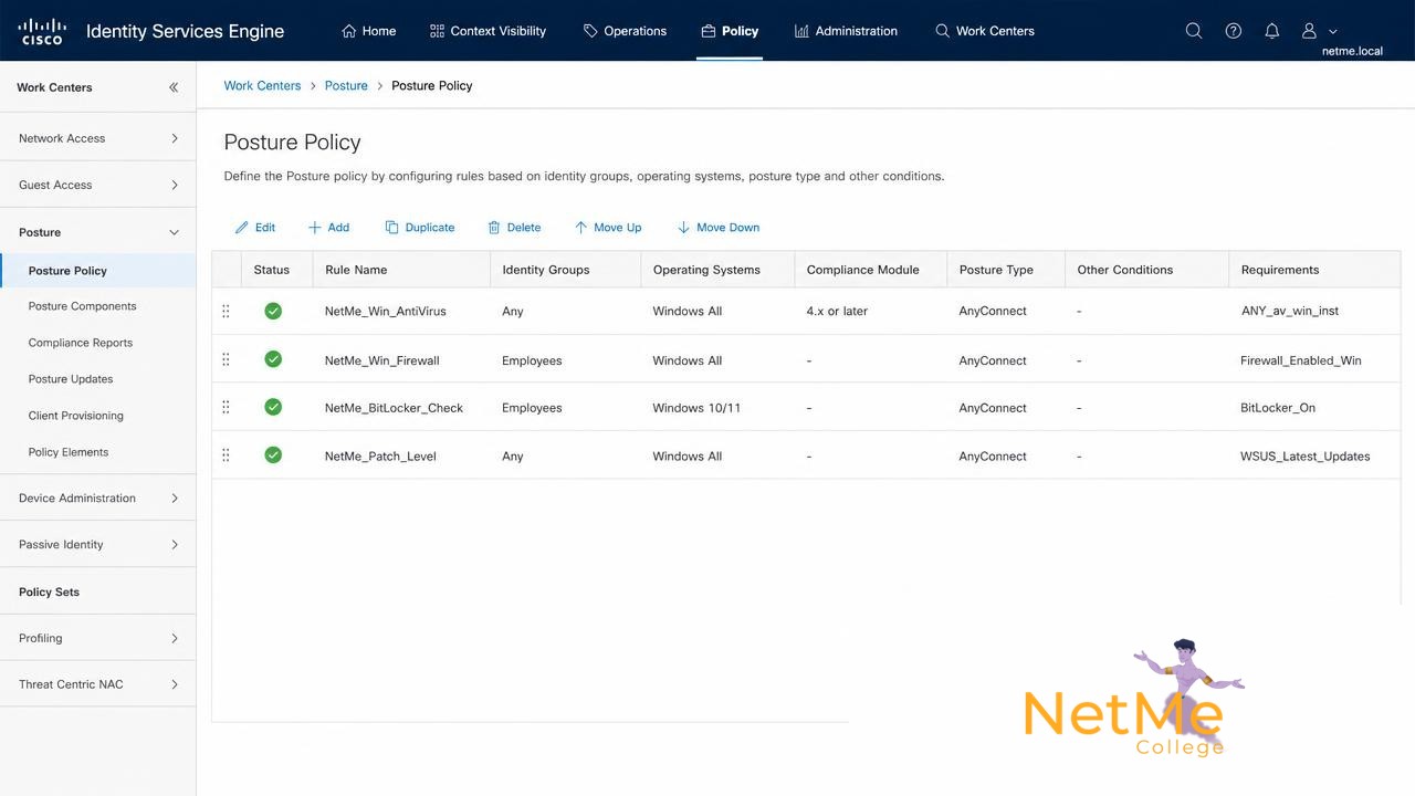 מסך Posture Policy ב-Cisco ISE עם דרישות אנטי-וירוס, פיירוול, BitLocker ועדכוני מערכת