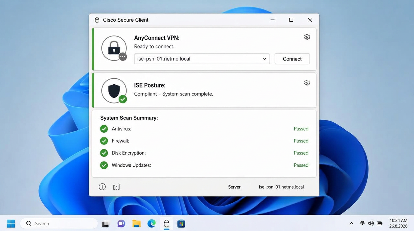 חלון Cisco Secure Client על Windows 11 עם מודול ISE Posture במצב Compliant וסיכום סריקה של אנטי-וירוס, פיירוול והצפנת דיסק