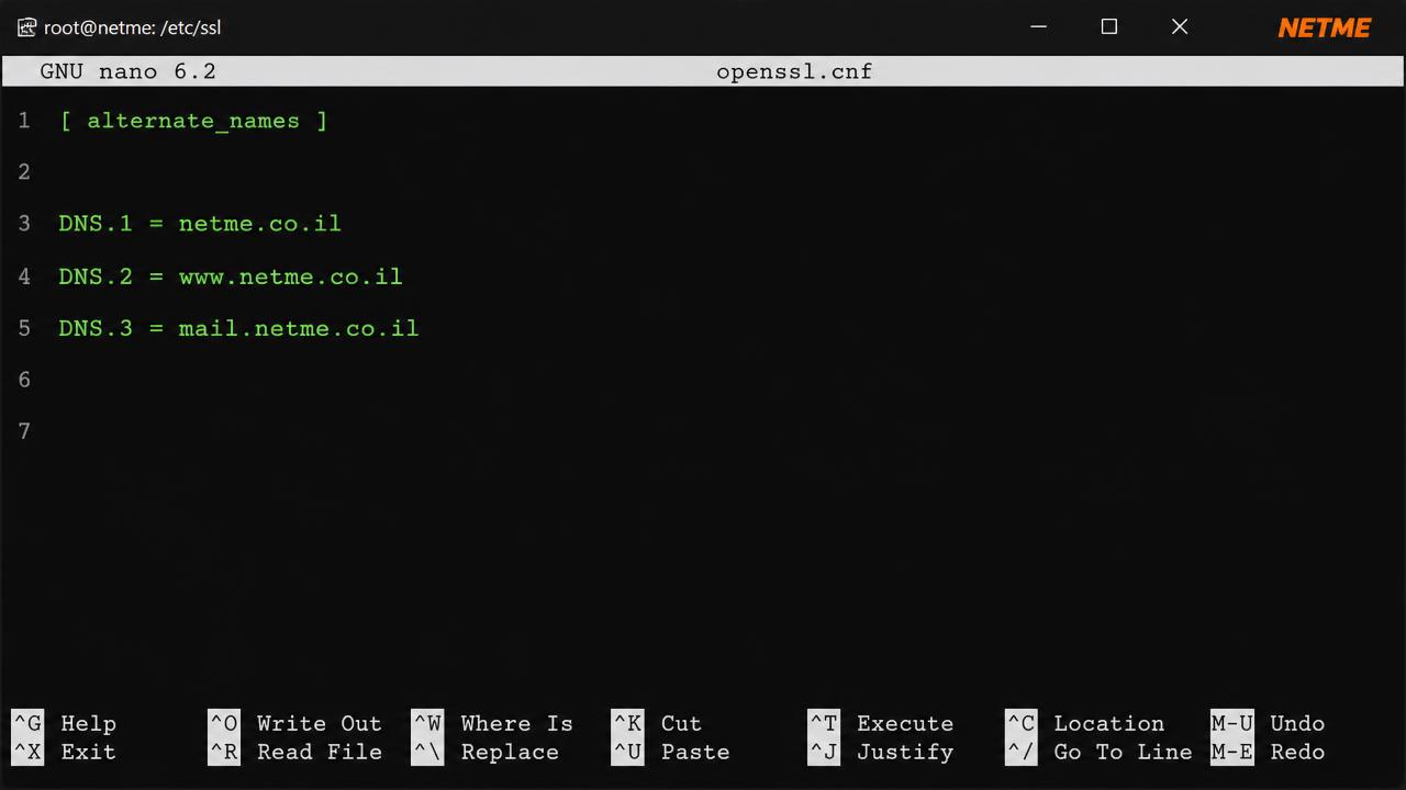 עריכת קובץ openssl.cnf והוספת סעיף alternate_names עם רשומות DNS