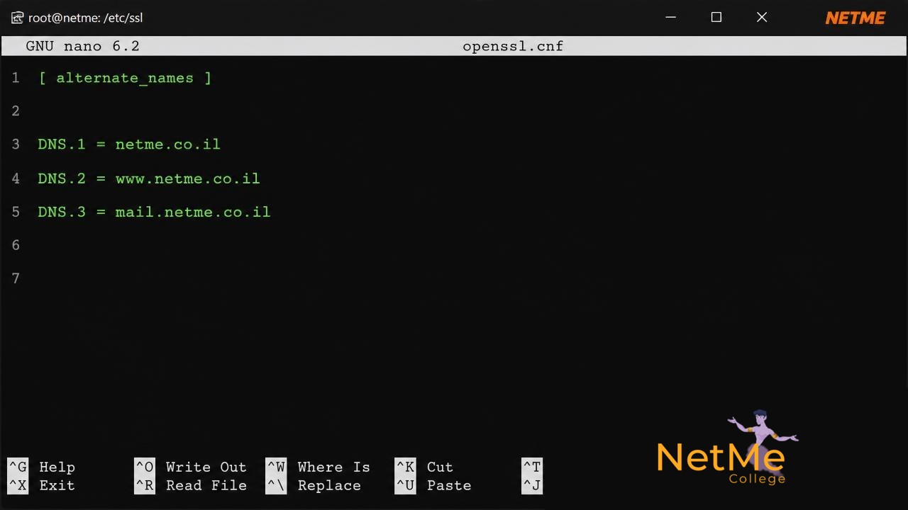 עריכת קובץ openssl.cnf והוספת סעיף alternate_names עם רשומות DNS
