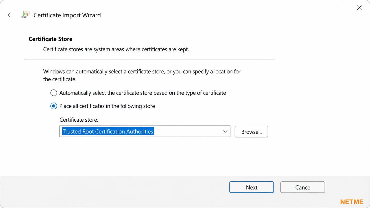אשף ייבוא תעודה בווינדוס עם בחירת מאגר Trusted Root Certification Authorities