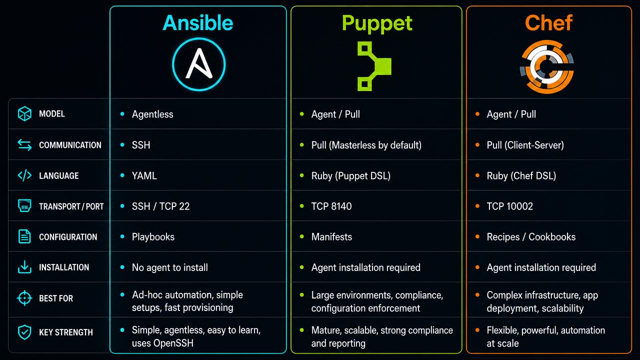 השוואה בין Ansible, Puppet ו-Chef — מודל, שפה ופורטים