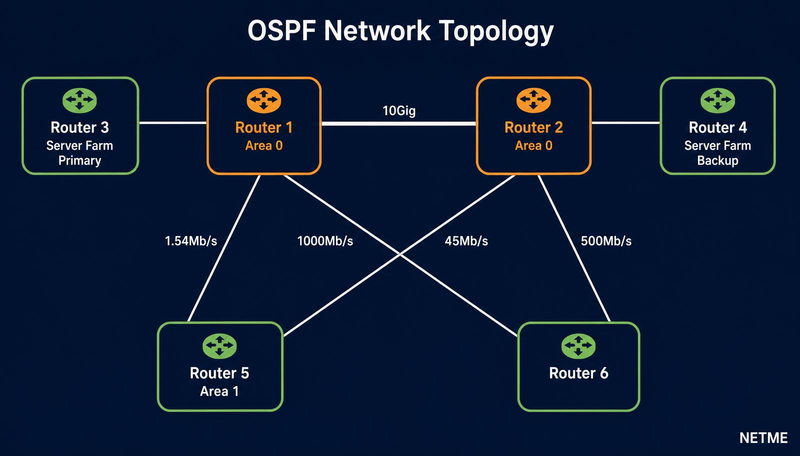 טופולוגיית OSPF עם Router 1 ו-Router 2 ב-Area 0 בקישור 10Gig, Server Farm ראשי וגיבוי, ו-Router 5 ב-Area 1