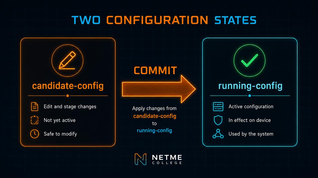 הסבר NetMe College על ההבדל בין candidate-config ל-running-config בפיירוול Palo Alto ותהליך ה-Commit
