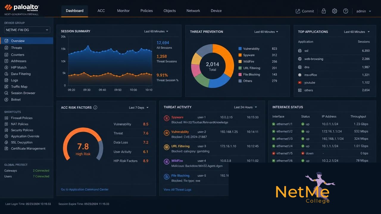 מסך הניהול של פיירוול Palo Alto במעבדת NetMe College — טאבים Monitor, Policies, Objects, Network, Device