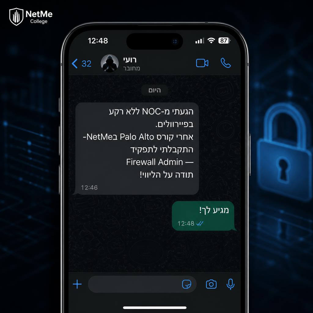 הודעת וואטסאפ מרועי, בוגר קורס Palo Alto Firewall — PAN-OS ב-NetMe College