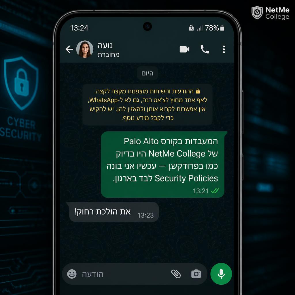 הודעת וואטסאפ מנועה, בוגר קורס Palo Alto Firewall — PAN-OS ב-NetMe College