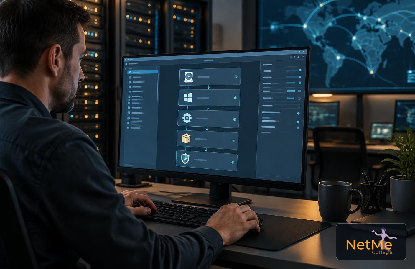 איש סיסטם מתכנן Task Sequence לפריסת Windows עם מערכת הפעלה דרייברים יישומים ועדכוני אבטחה