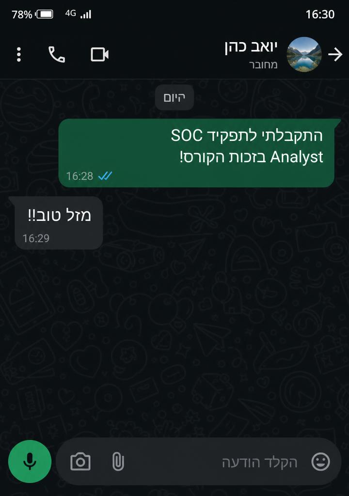 הודעת וואטסאפ מיואב, בוגר קורס הגנת SentinelOne (EDR) ב-NetMe College