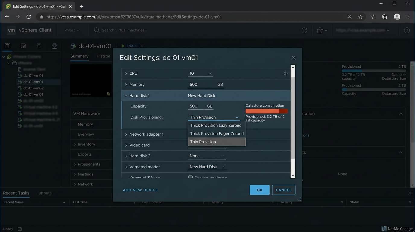 מסך Edit Settings ב-vSphere Client עם בחירת Disk Provisioning והאפשרות Thin Provision