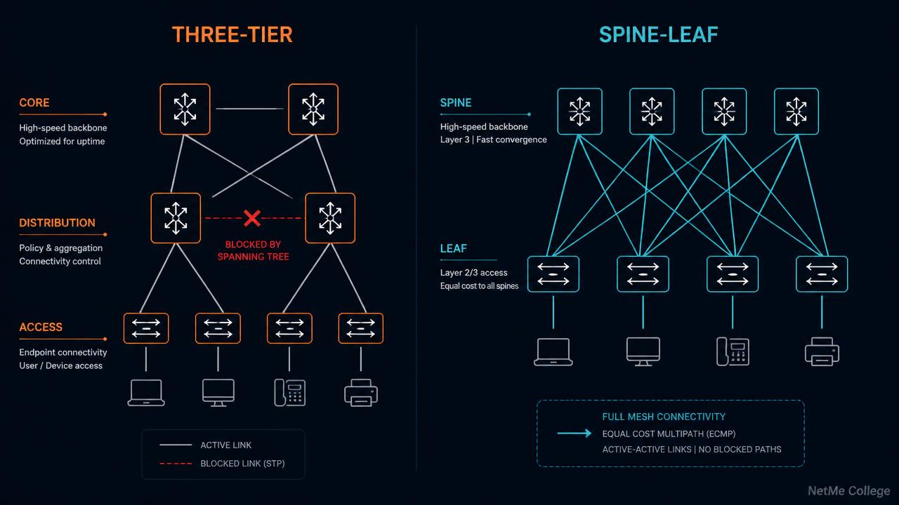השוואה בין ארכיטקטורת Three-Tier לארכיטקטורת Spine-Leaf