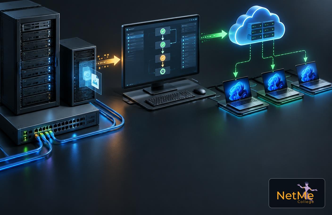 ארכיטקטורת פריסת Windows מודרנית המשלבת שרתים מקומיים ניהול משימות ומחשבים מנוהלים בענן