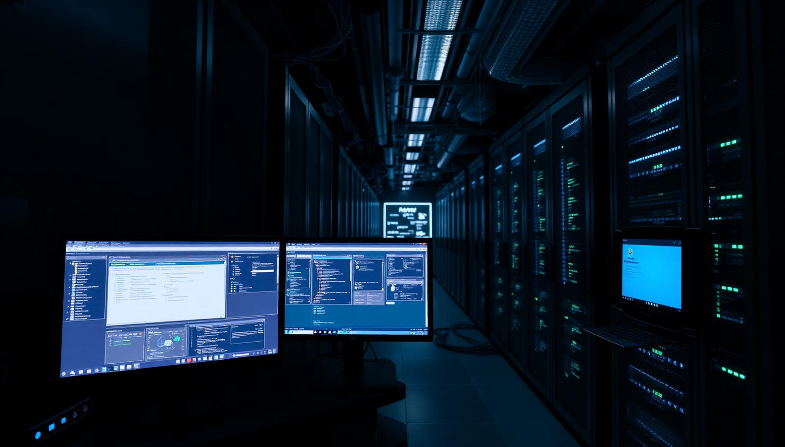מרכז נתונים עם שרתים ומסכי ניהול מערכת — VMware Virtualization