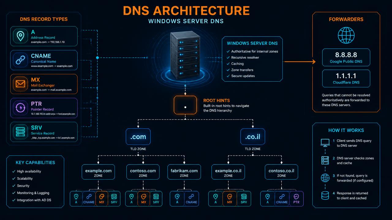 DNS ב-Windows Server: המדריך המקיף באמת — Zones, רשומות, Forwarders ו-Scavenging