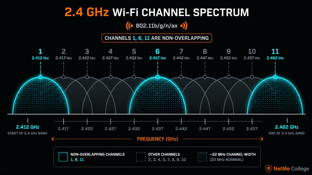 ספקטרום 2.4 GHz עם הערוצים הלא חופפים 1, 6 ו-11