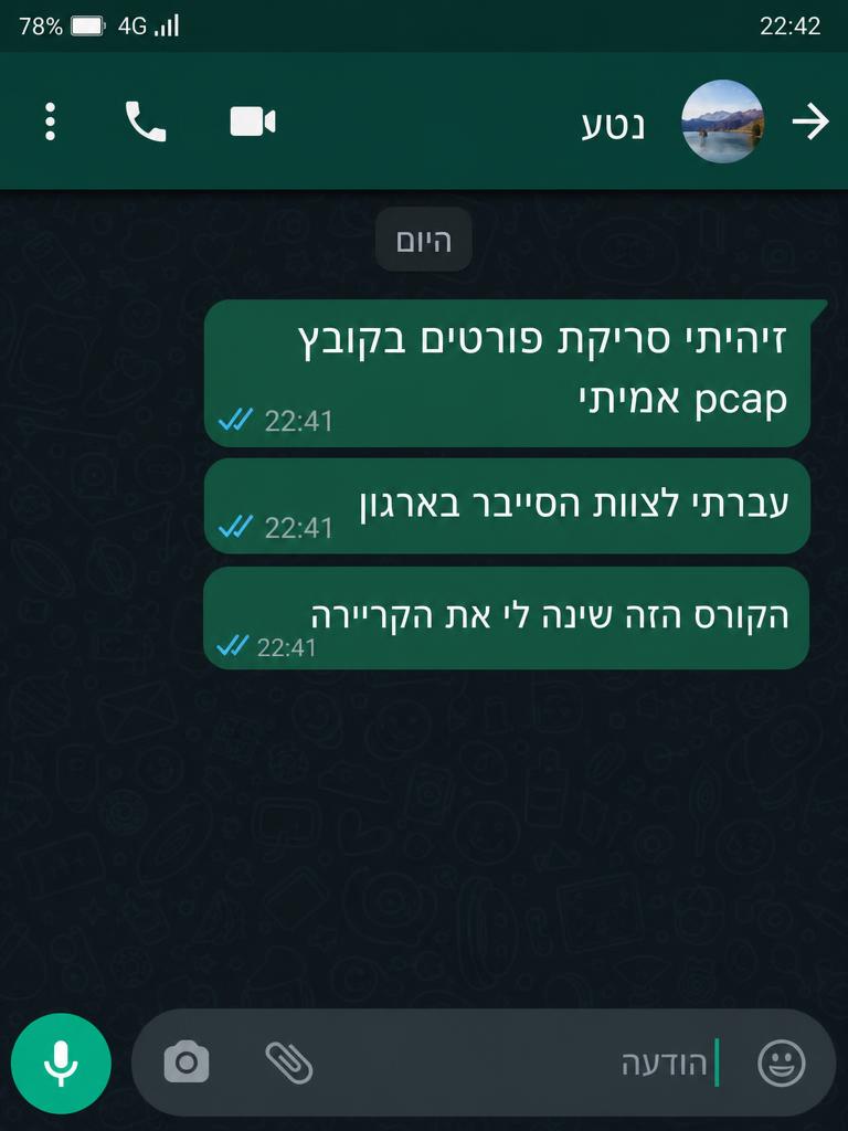 הודעת וואטסאפ מנטע, בוגר קורס Wireshark — ניתוח תעבורה ופתרון תקלות ברשת ב-NetMe College