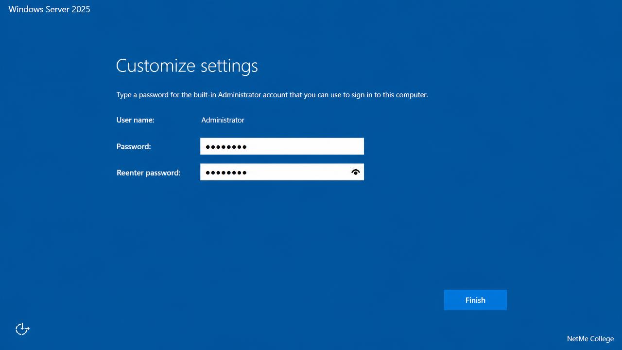 מסך OOBE של Windows Server 2025 להגדרת סיסמת Administrator — מכללת נטמי