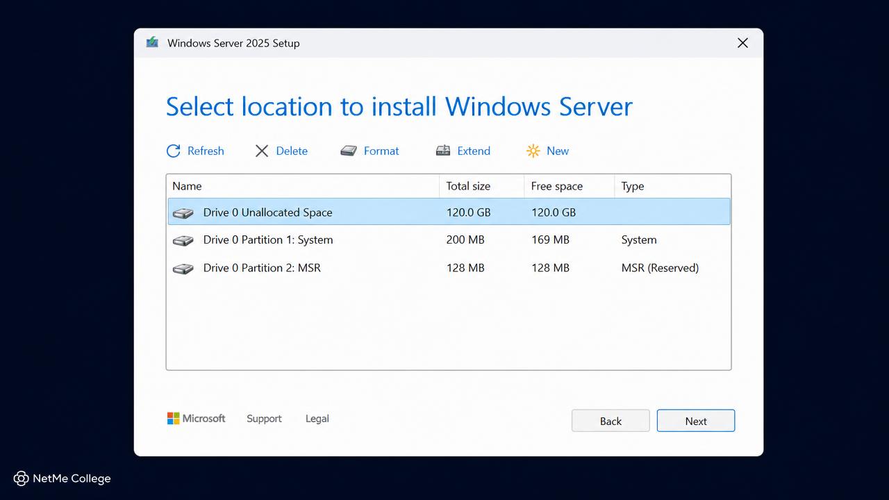 מסך חלוקת הדיסקים באשף ההתקנה של Windows Server 2025 — מכללת נטמי