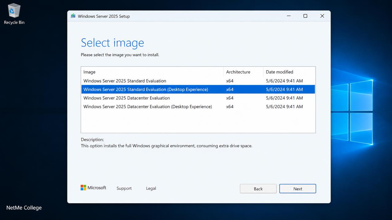 מסך בחירת מהדורת Windows Server 2025 — Standard ו-Datacenter, Core מול Desktop Experience — מכללת נטמי