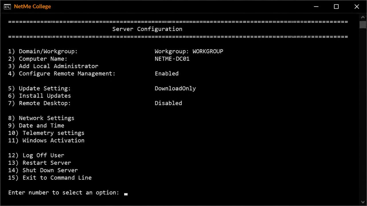 תפריט sconfig בשרת Windows Server 2025 עם שם השרת NETME-DC01 — מכללת נטמי